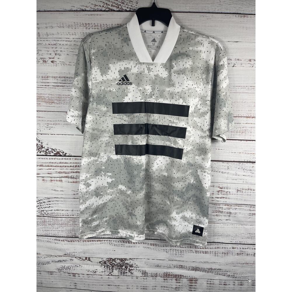 Adidas Shirt Men's SZ M White Gray Tan AOP Jersey Three Stripes Athletic DZ9536 - Picture 1 of 10